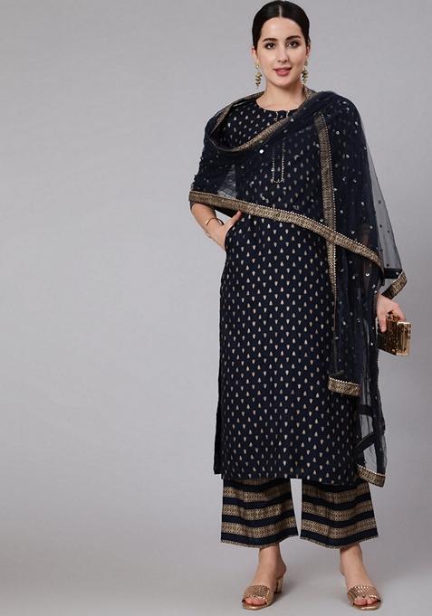 Navy Blue Printed Rayon Palazzo Set With Dupatta