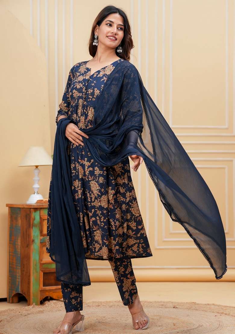 Navy Blue Printed Cotton Anarkali Set - Indya