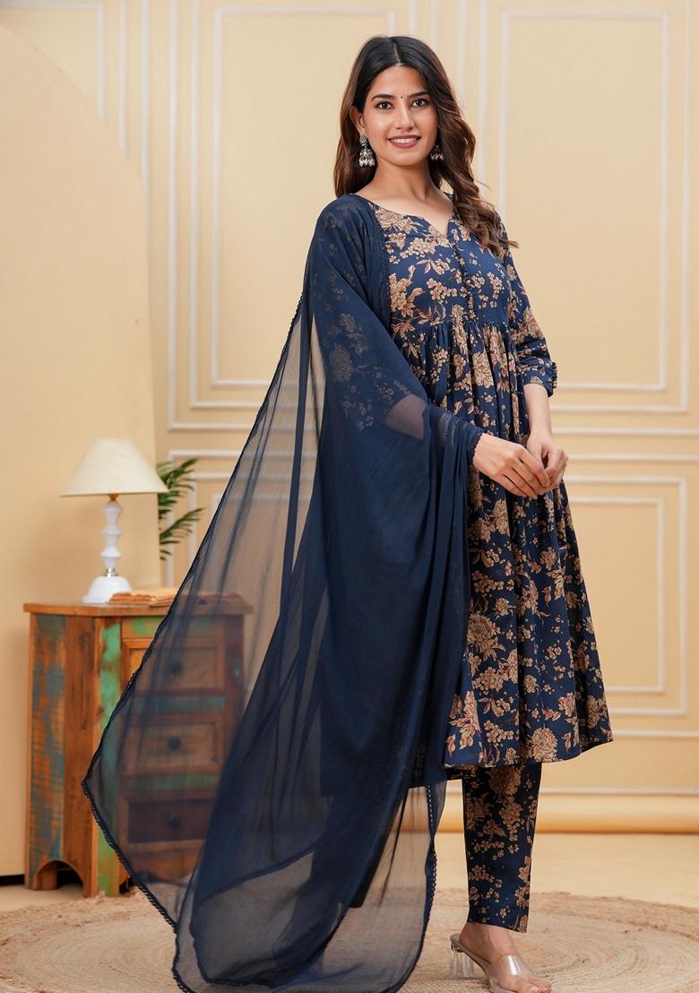 Navy Blue Printed Pure Cotton Anarkali Set With Dupatta