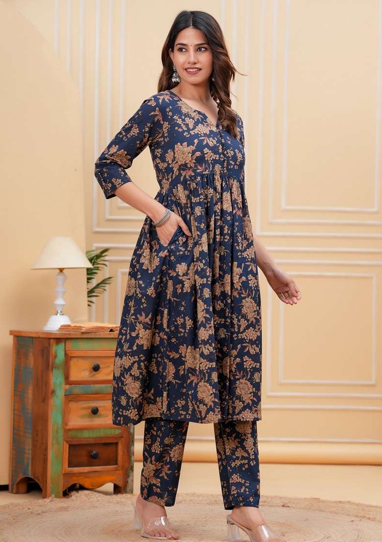 Navy Blue Printed Cotton Anarkali Set - Indya