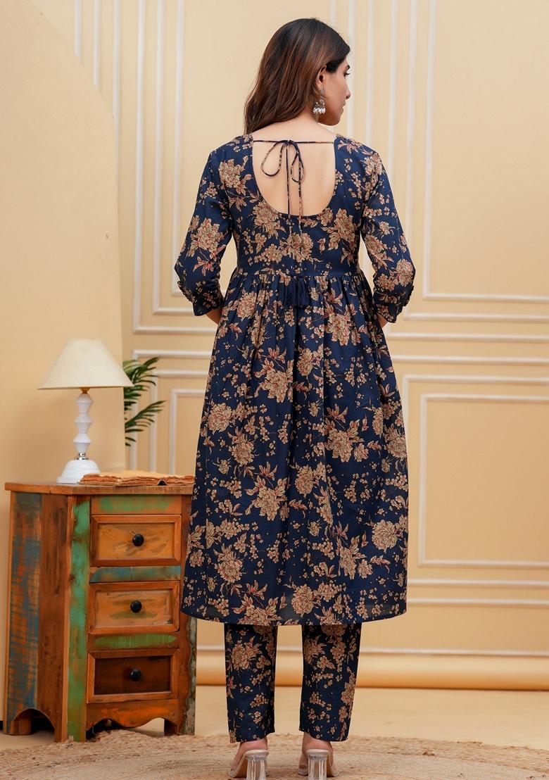 Navy Blue Printed Pure Cotton Anarkali Set With Dupatta