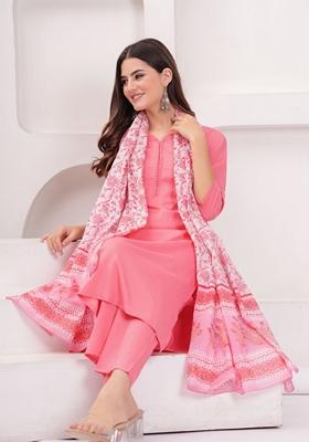 Pink Printed Cotton Blend Salwar Kameez With Dupatta