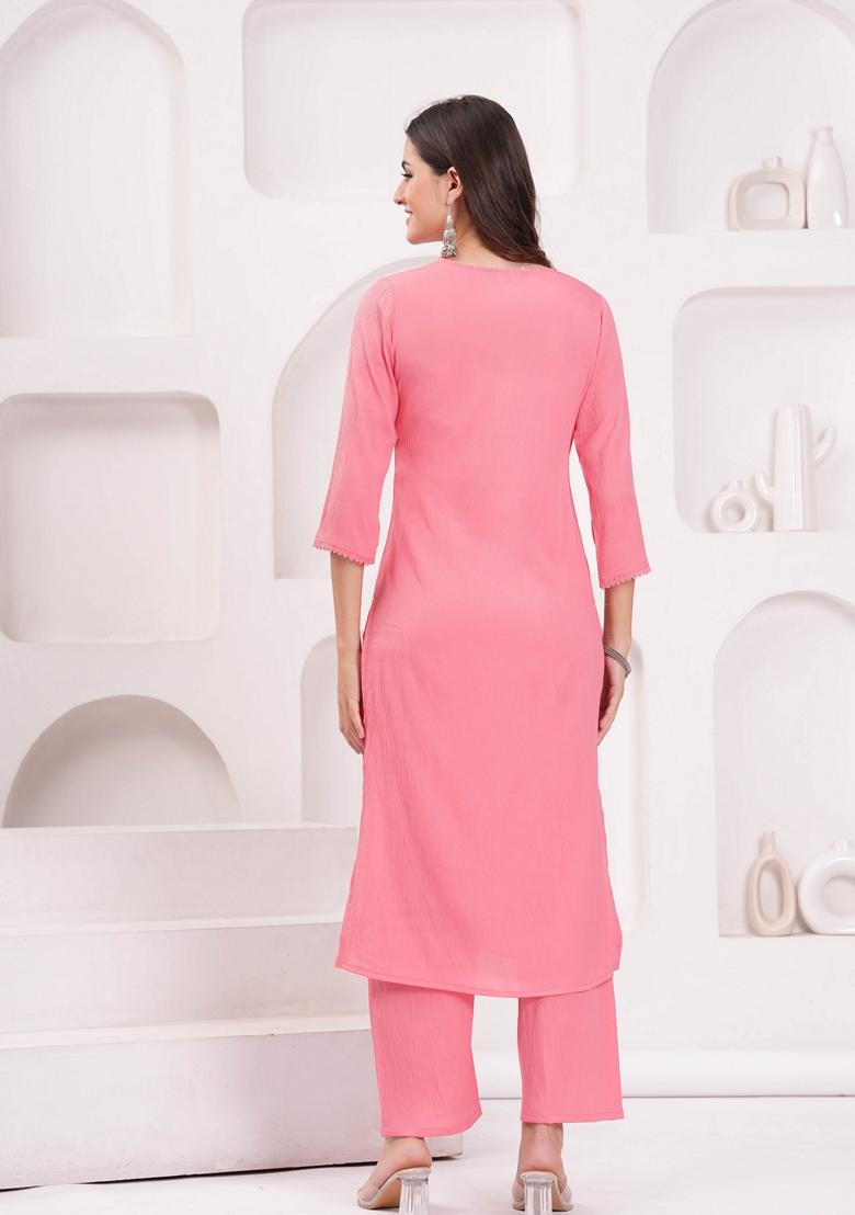 Pink Printed Cotton Blend Salwar Kameez With Dupatta