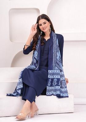 Navy Blue Printed Cotton Blend Salwar Kameez With Dupatta
