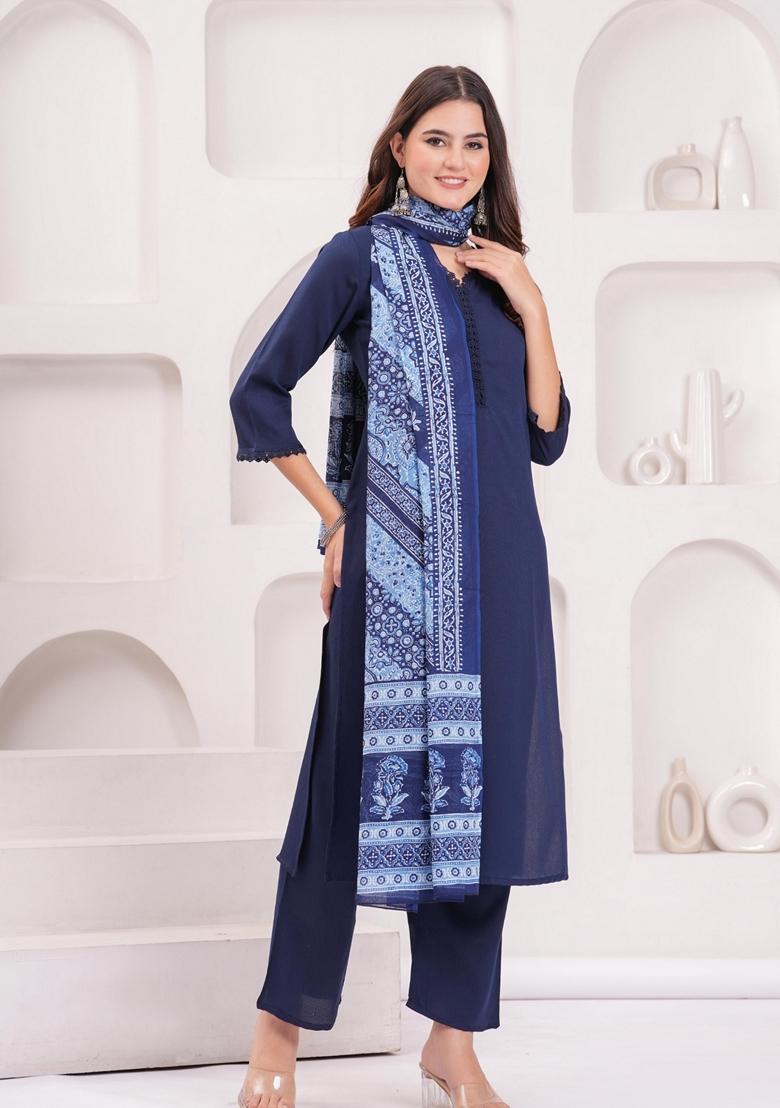 Navy Blue Printed Cotton Blend Salwar Kameez With Dupatta