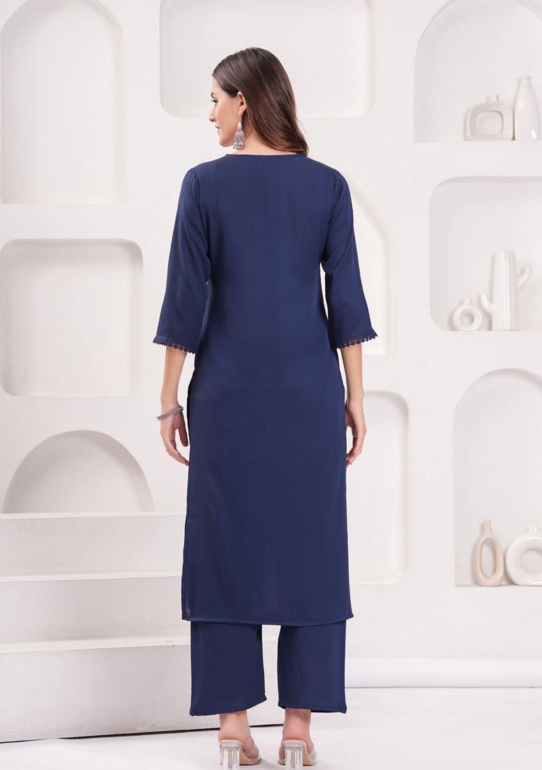 Navy Blue Printed Cotton Blend Salwar Kameez With Dupatta