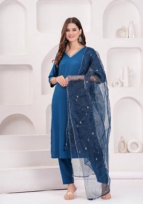 Teal Blue Solid Rayon Salwar Kameez With Dupatta