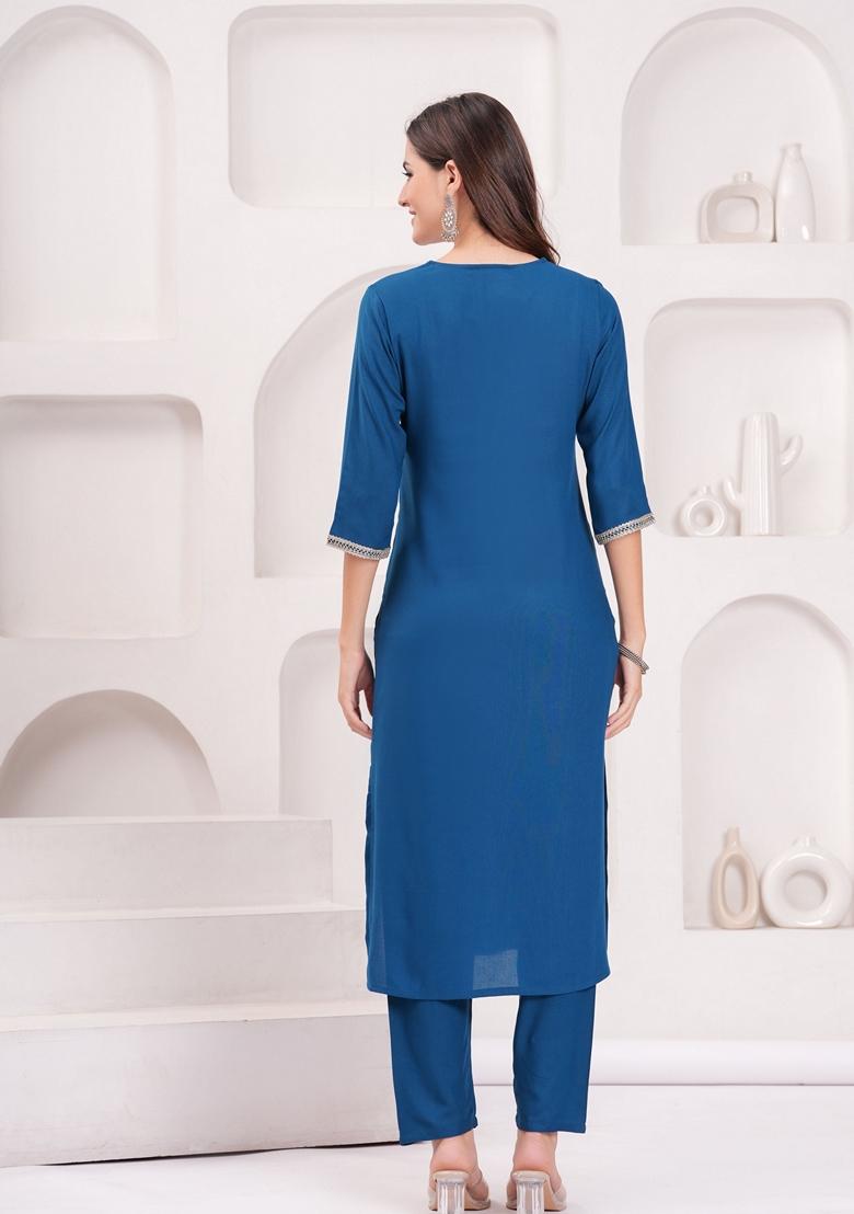 Teal Blue Solid Rayon Salwar Kameez With Dupatta