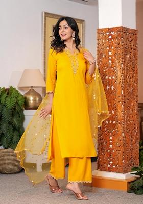 Yellow Embroidered Rayon Palazzo Set With Dupatta