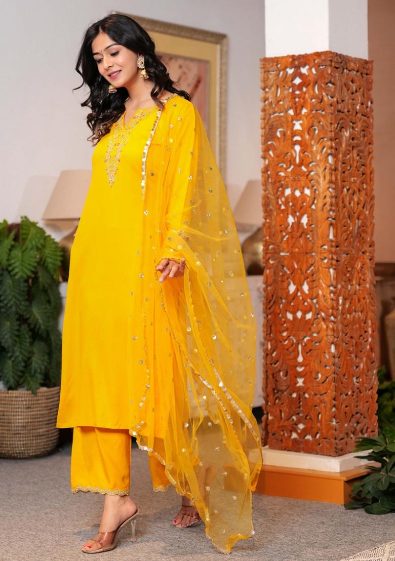 Yellow Embroidered Rayon Palazzo Set With Dupatta