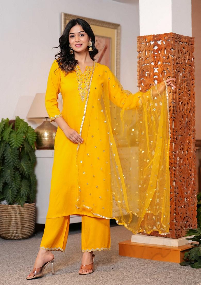 Yellow Embroidered Rayon Palazzo Set With Dupatta