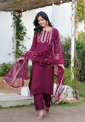 Burgundy Embroidered Rayon Palazzo Set With Dupatta