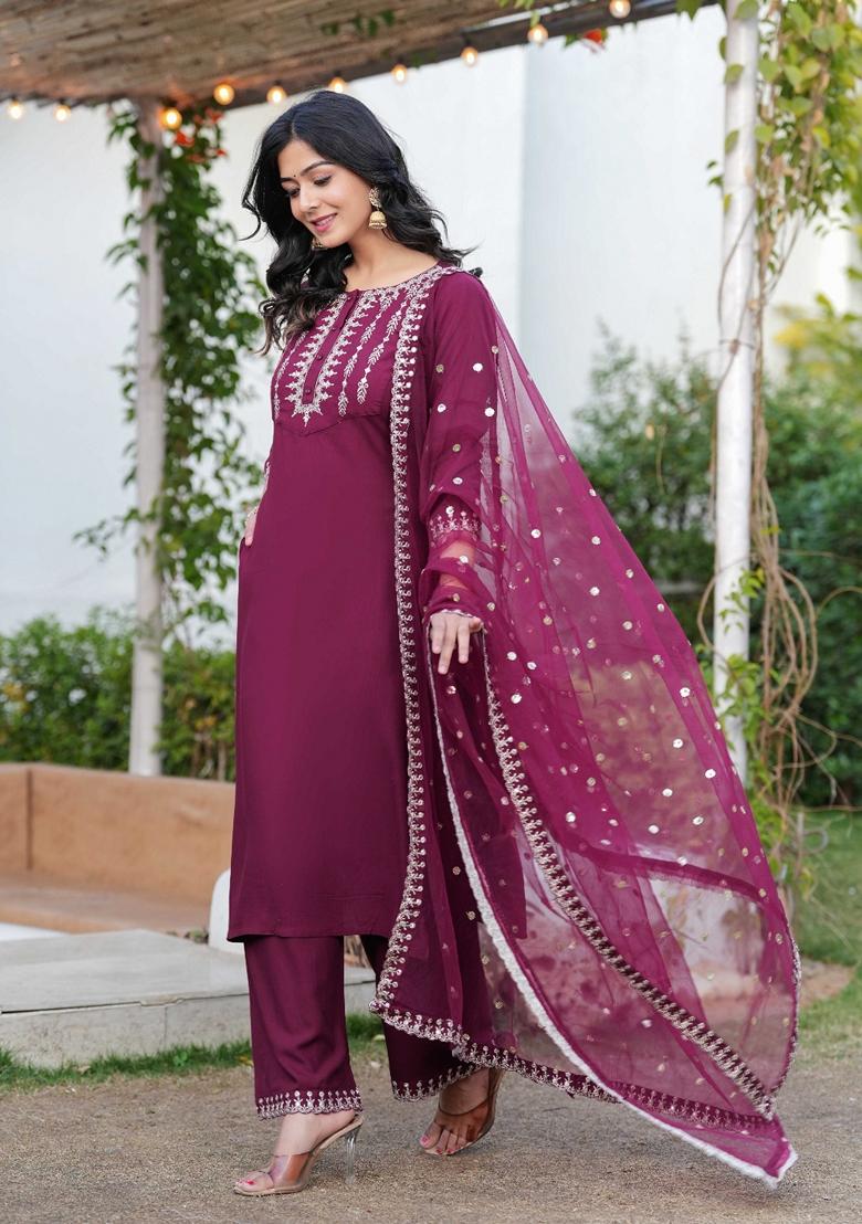 Burgundy Embroidered Rayon Palazzo Set With Dupatta
