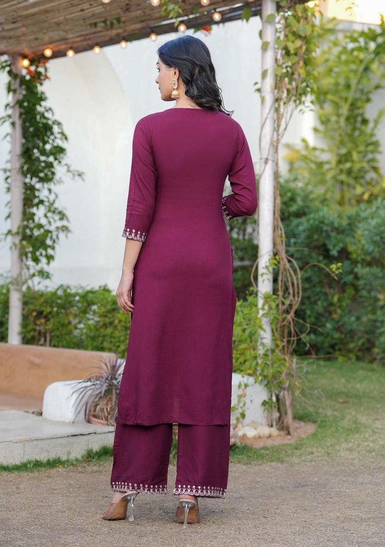 Burgundy Embroidered Rayon Palazzo Set With Dupatta