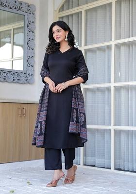 Black Printed Cotton Blend Salwar Kameez With Dupatta
