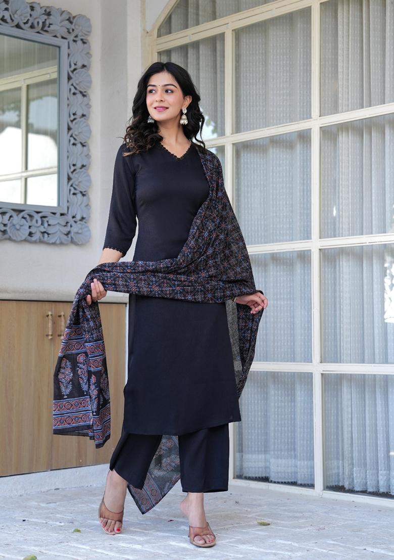 Black Printed Cotton Blend Salwar Kameez With Dupatta