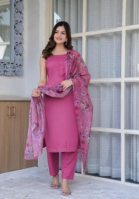 Mauve Printed Cotton Blend Salwar Kameez With Dupatta