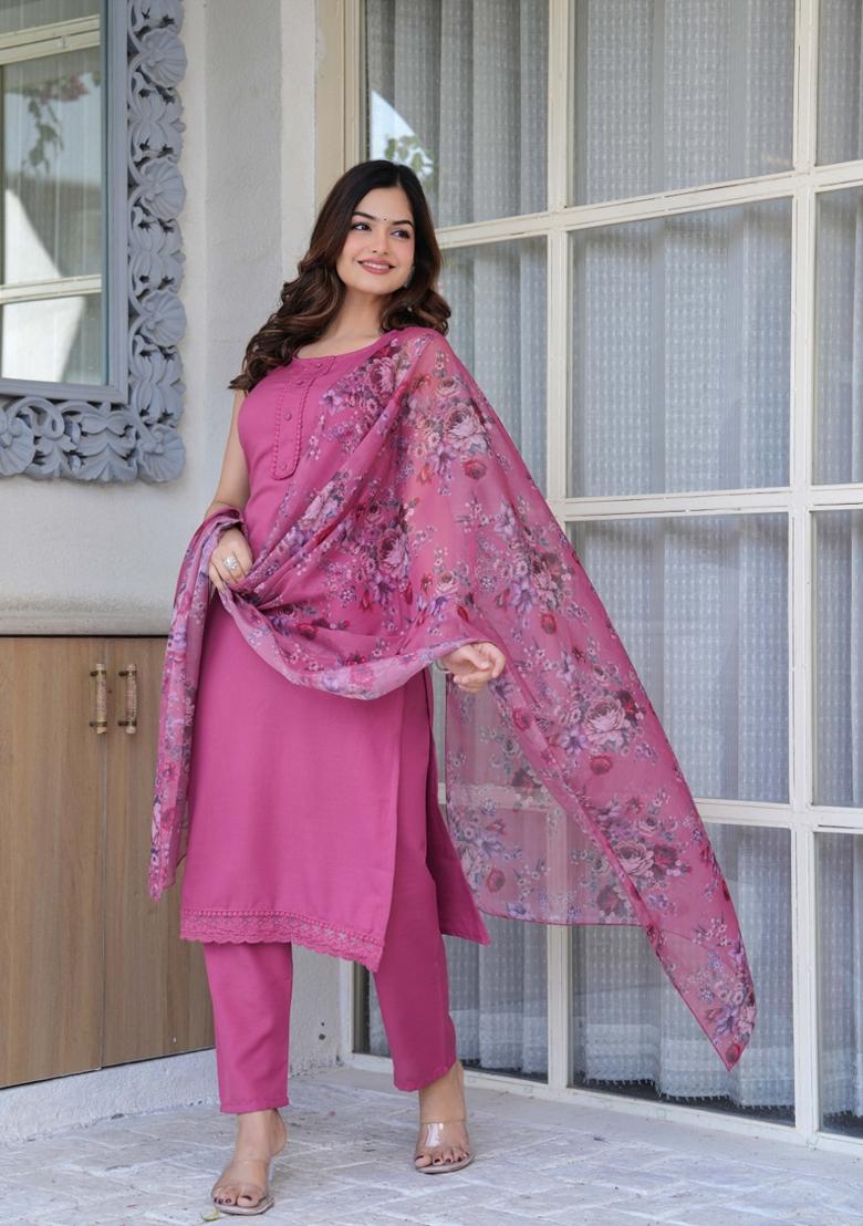 Mauve Printed Cotton Blend Salwar Kameez With Dupatta