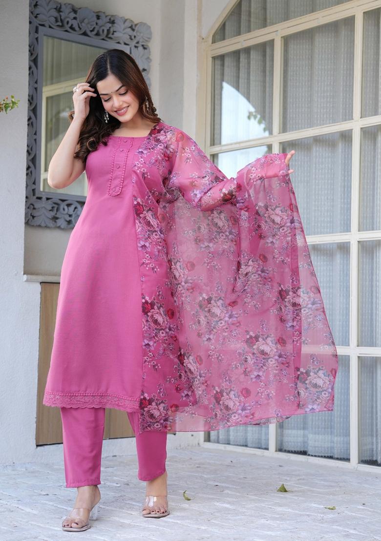Mauve Printed Cotton Blend Salwar Kameez With Dupatta