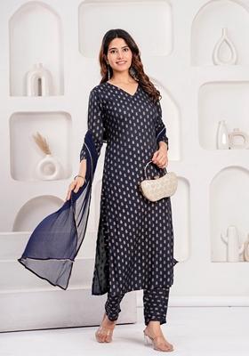 Navy Blue Printed Rayon Salwar Kameez With Dupatta