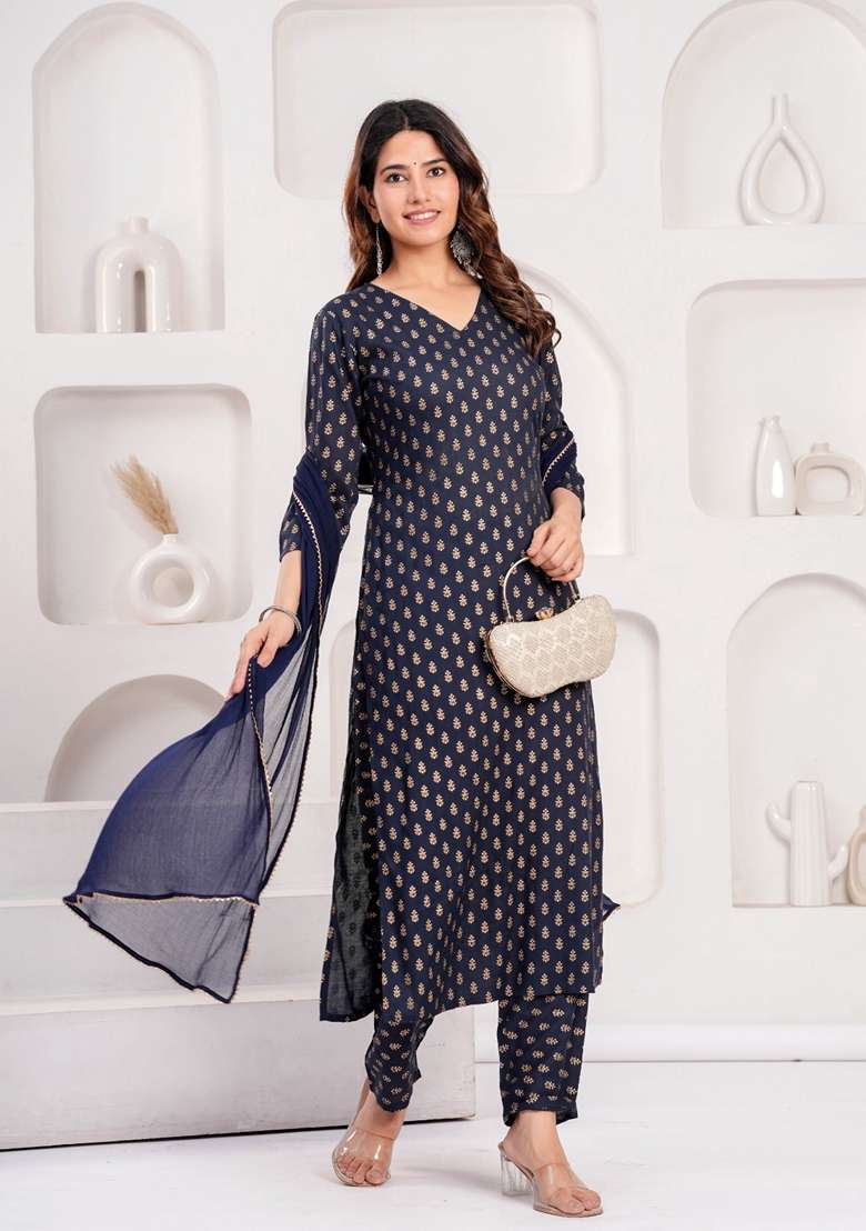 Navy Blue Printed Rayon Straight Kurta Set - Indya