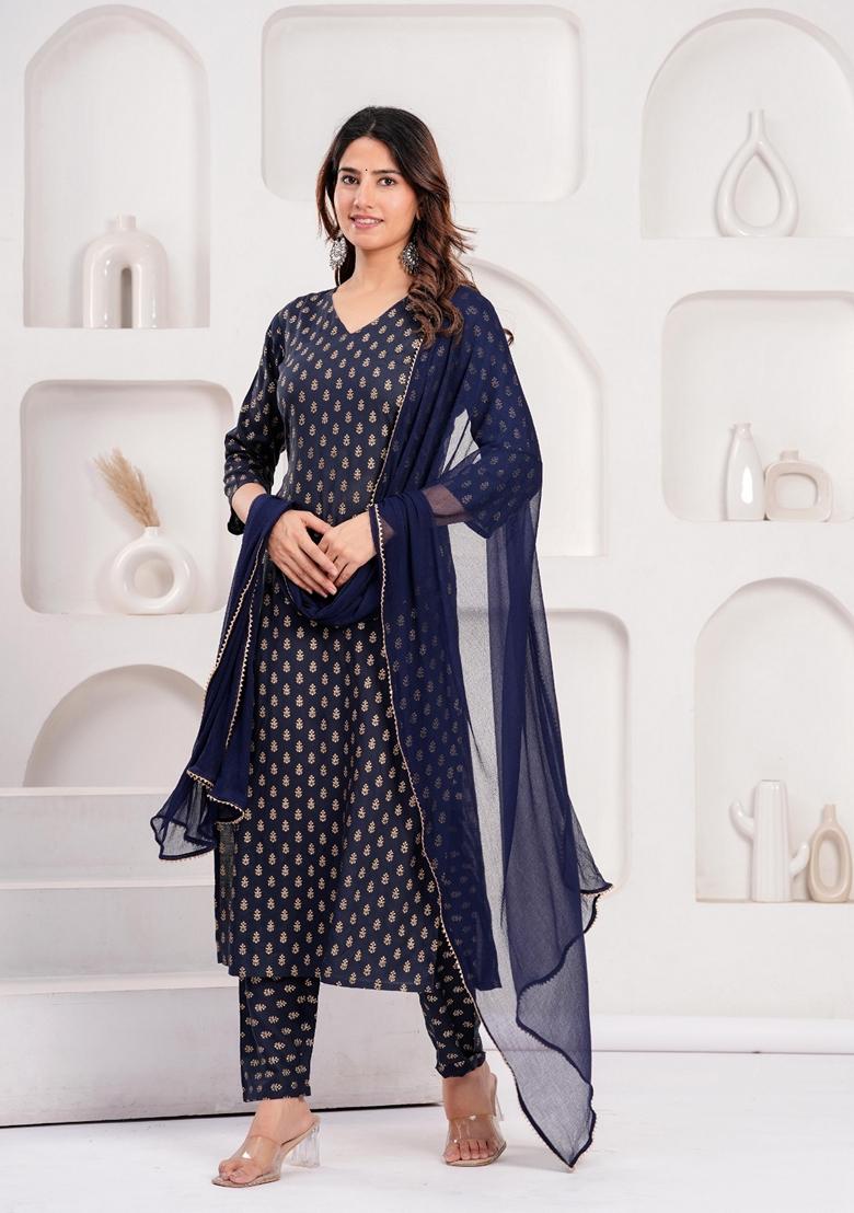 Navy Blue Printed Rayon Salwar Kameez With Dupatta