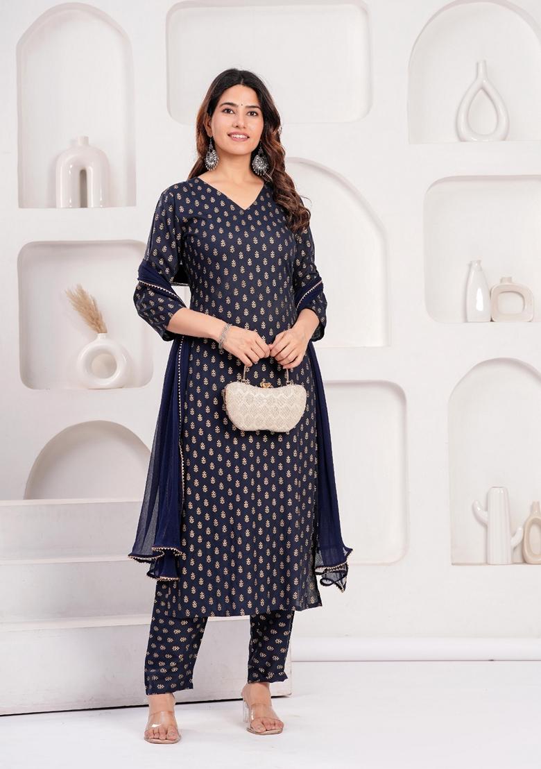 Navy Blue Printed Rayon Salwar Kameez With Dupatta