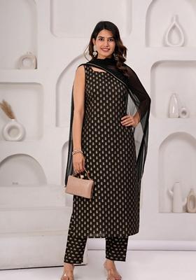 Black Printed Pure Cotton Salwar Kameez With Dupatta