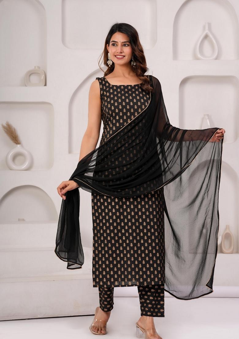 Black Printed Pure Cotton Salwar Kameez With Dupatta