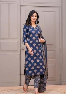 Navy Blue Printed Pure Cotton Salwar Kameez With Dupatta