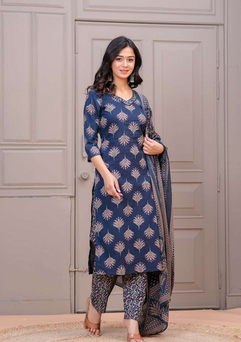 Navy Blue Printed Cotton Straight Kurta Set - Indya