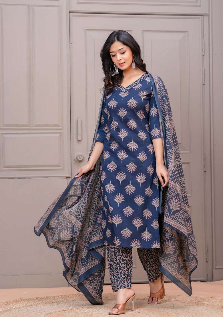 Navy Blue Printed Cotton Straight Kurta Set - Indya
