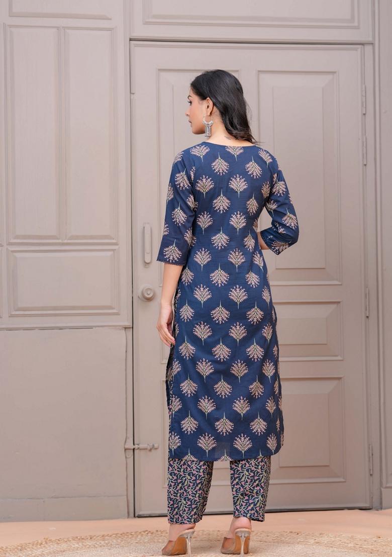 Navy Blue Printed Pure Cotton Salwar Kameez With Dupatta