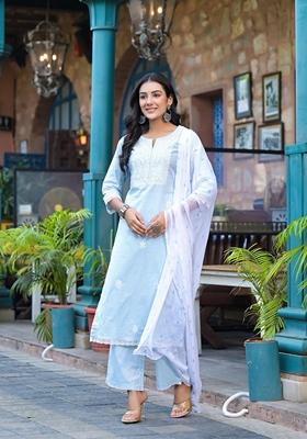 Sky-Blue Embroidered Cotton Salwar Kameez With Dupatta