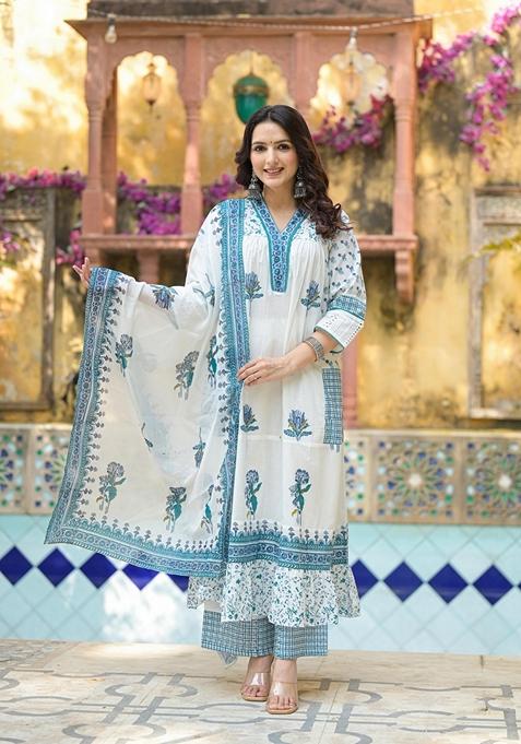 White Printed Cotton Salwar Kameez With Dupatta