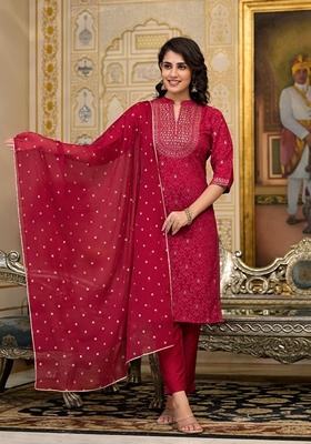 Red Printed Cotton Salwar Kameez With Dupatta