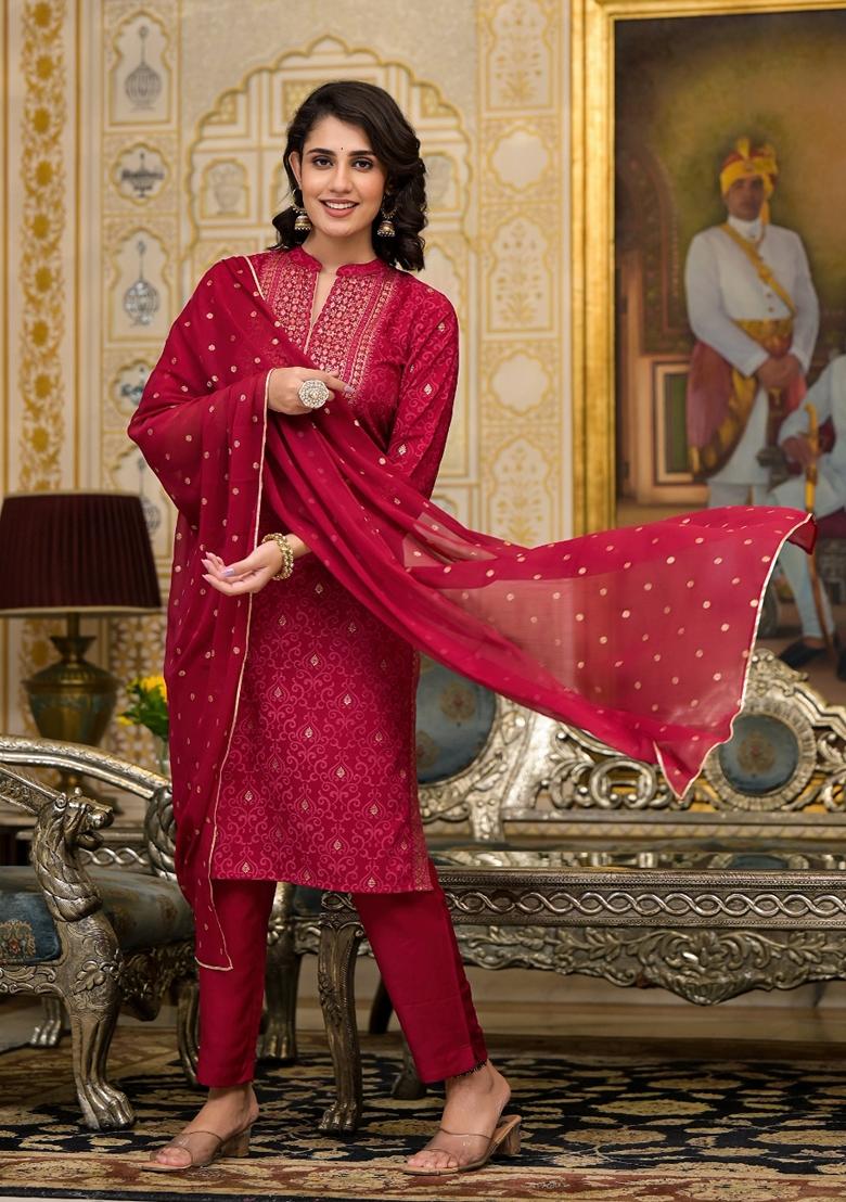 Red Printed Cotton Salwar Kameez With Dupatta