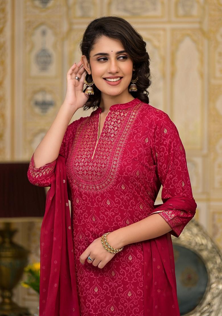 Red Printed Cotton Salwar Kameez With Dupatta