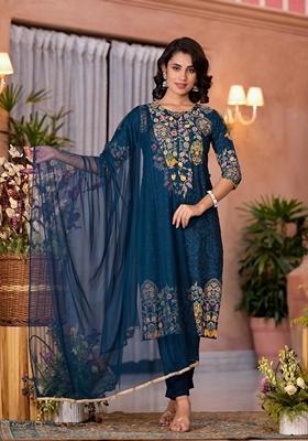 Navy Blue Embroidered Rayon Salwar Kameez With Dupatta