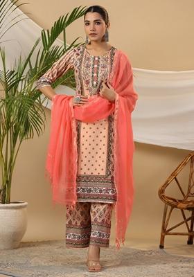 Peach Printed Cotton Palazzo Set With Dupatta