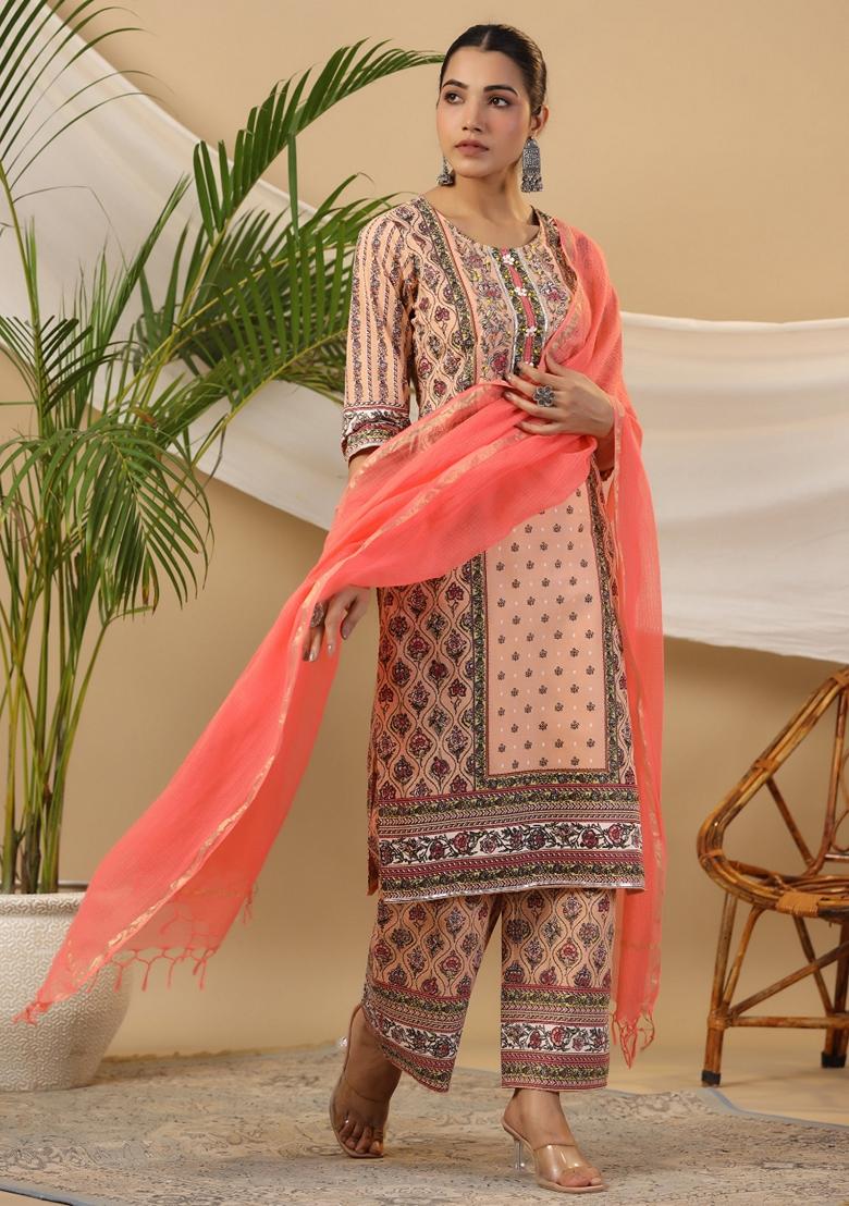 Peach Printed Cotton Palazzo Set With Dupatta