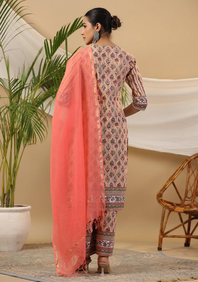 Peach Printed Cotton Palazzo Set With Dupatta