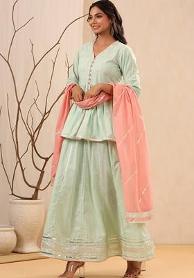 Pista Green Embroidered Cotton Cambric Palazzo Set With Dupatta