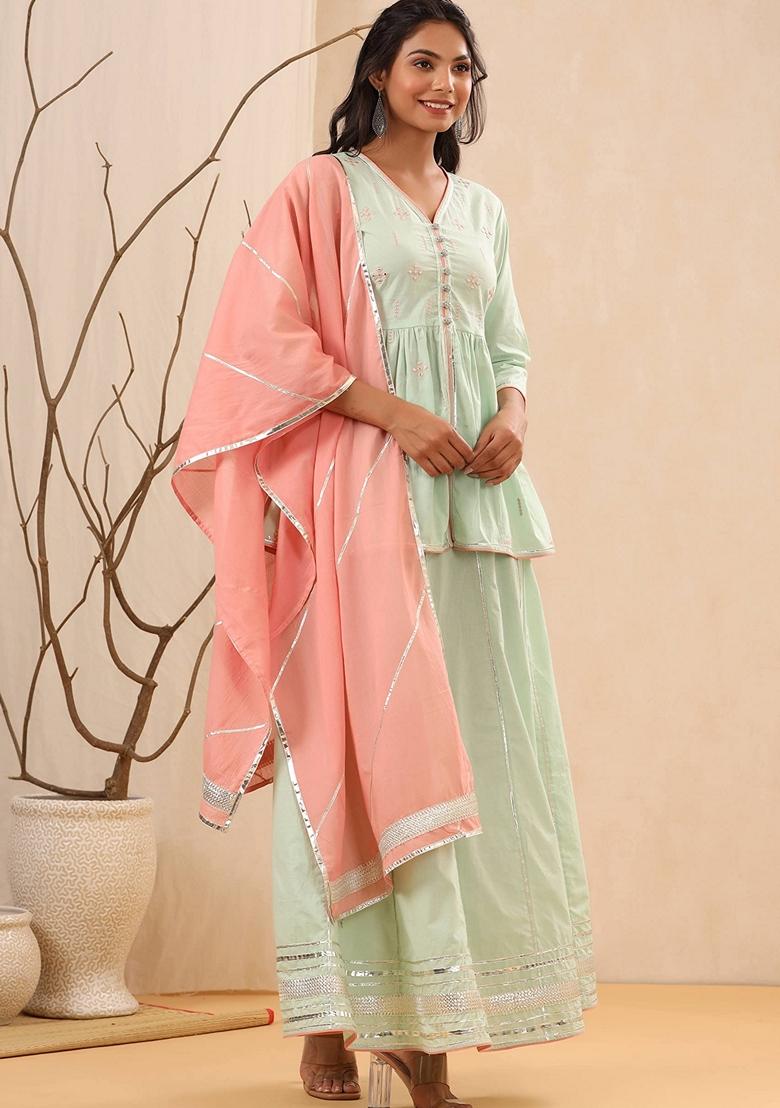 Pista Green Embroidered Cotton Cambric Palazzo Set With Dupatta