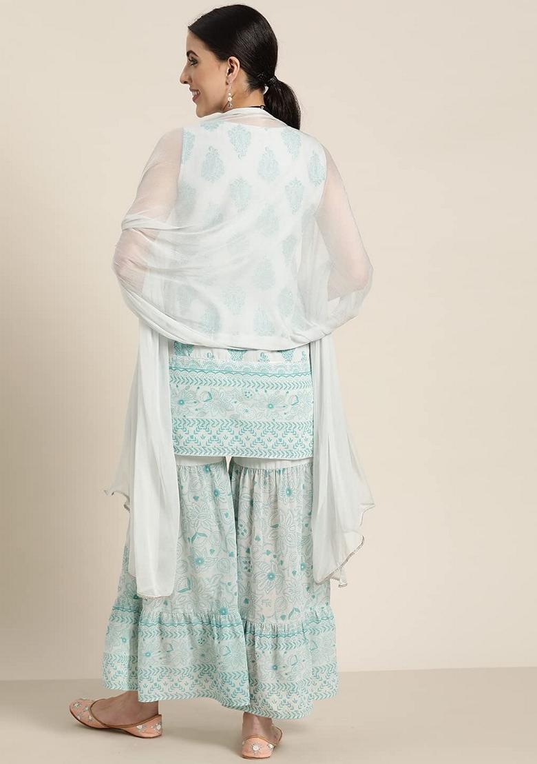 Blue Printed Georgette Sharara Set With Dupatta