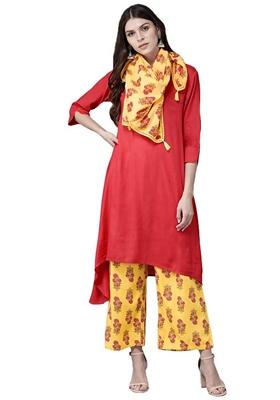 Coral Printed Rayon Palazzo Set With Dupatta