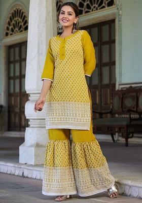 Mustard Yellow Embroidered Chinnon Sharara Set With Dupatta