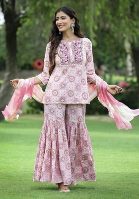 Pink Embroidered Muslin Sharara Set With Dupatta