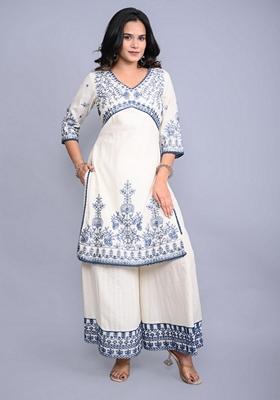 Off White Embroidered Cotton Palazzo Set With Dupatta