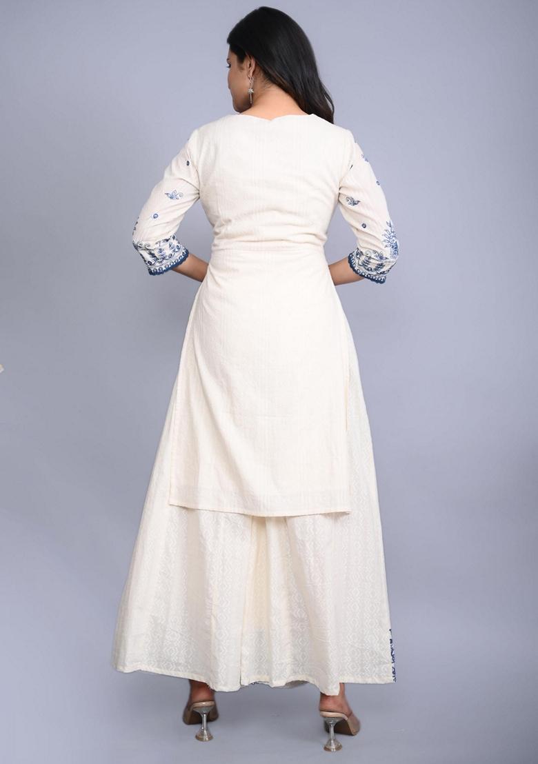 Off White Embroidered Cotton Palazzo Set With Dupatta